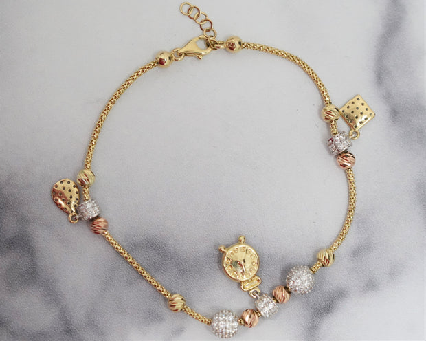 Clock Charm Bracelet 14K Yellow Gold