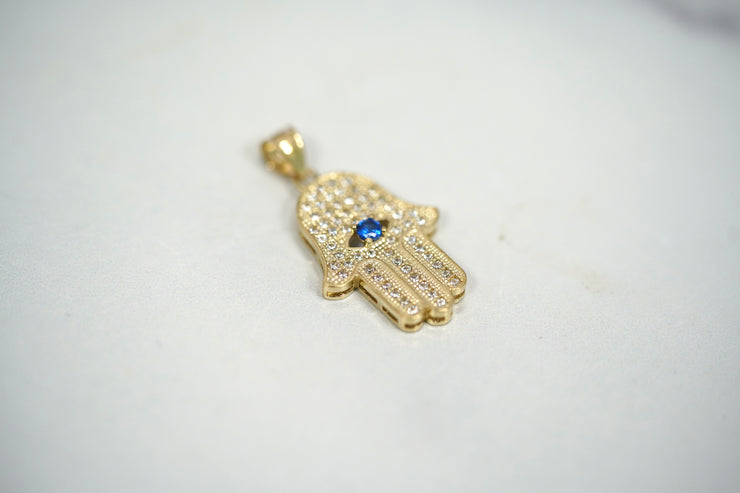 CZ Blue Evil Eye Hamsa 14k Yellow Gold