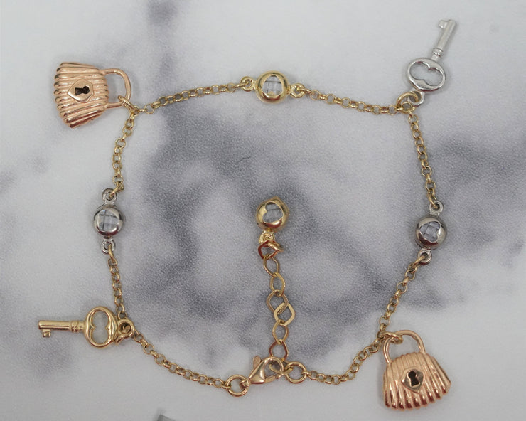 Lock and Key Charm Bracelet 14K White/Yellow/Rose Gold