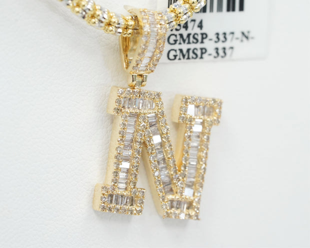 1.18 Ct Diamond Baguette Letter N Pendant 14K Yellow Gold