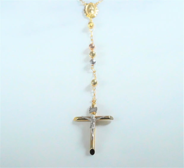 Rosarie With Jesus Cross 14K Tri-Color Gold