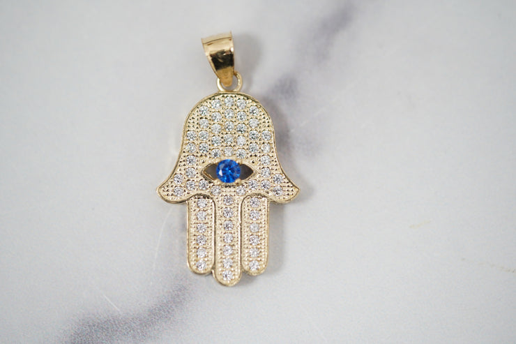 CZ Blue Evil Eye Hamsa 14k Yellow Gold