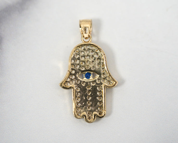 CZ Blue Evil Eye Hamsa 14k Yellow Gold